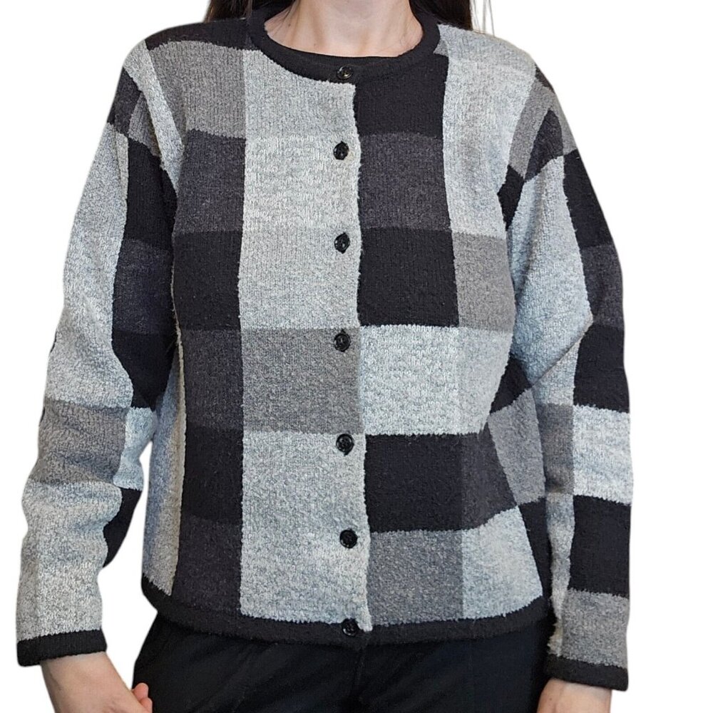 Vintage Y2K Womens M Checkered Cardigan Sweater Gray Black Classic Preppy